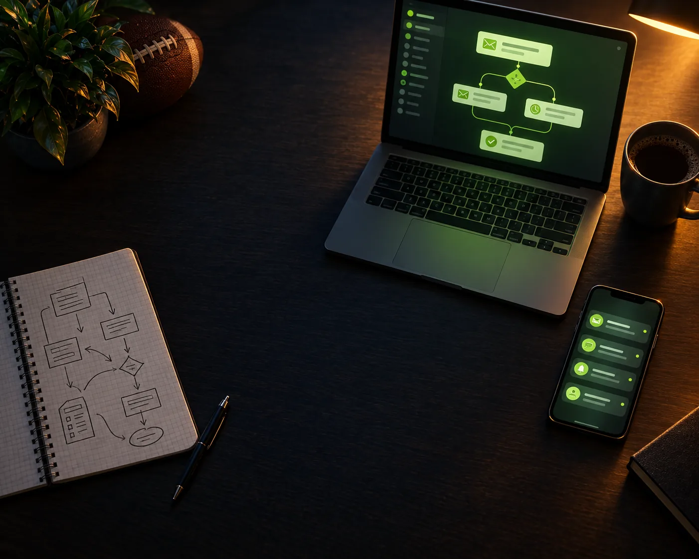 Dan Doss's desk at night with a laptop, a phone, and a notebook sketch of a Klaviyo email flow