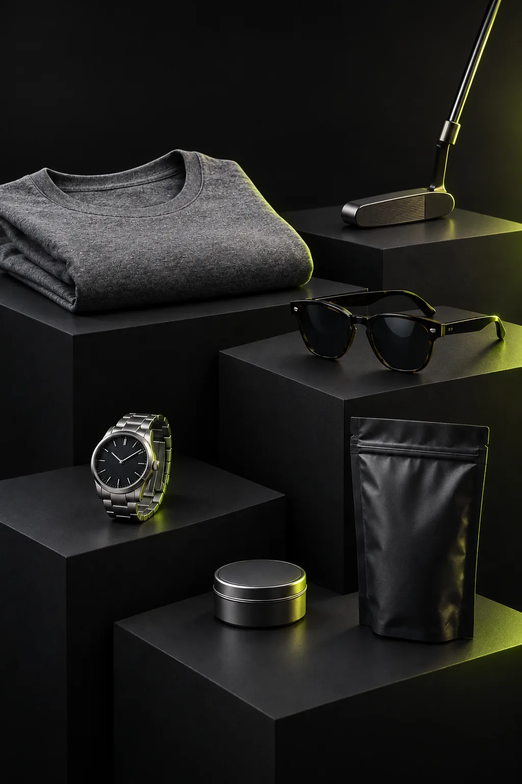 Apparel, a putter, sunglasses, a watch, and a pouch on black display blocks with green light